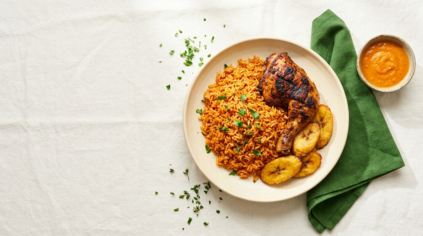 A steaming plate of jollof rice and grilled chicken being served